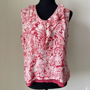 Nora Noh 100% Silk Sleeveless Blouse L Pink Floral Baroque Ruffle  Coquette‎ Y2K